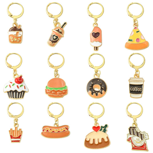 Gythara 24 pcs 12 Style Fast Food Theme Alloy Enamel Stitch Markers Coffee Tea Drink Hamburger Cake Donut Leverback Earring for Knitting Crocheting DIY Jewelry Craft Bag Decoration