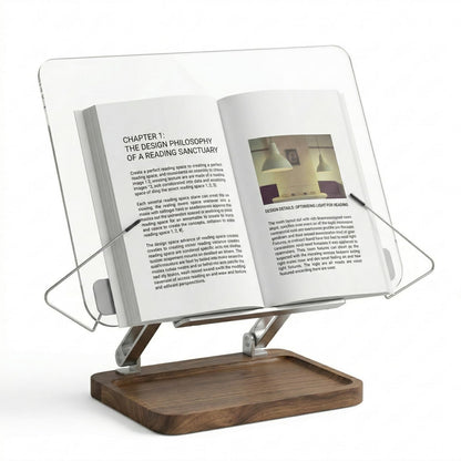 muso wood Acrylic Book Stand for Reading, Adjustable Book Holder with Walnut Storage and Elastic Clips, Desktop Riser Stand for Cookbook, Magazine, Tablet, Laptop