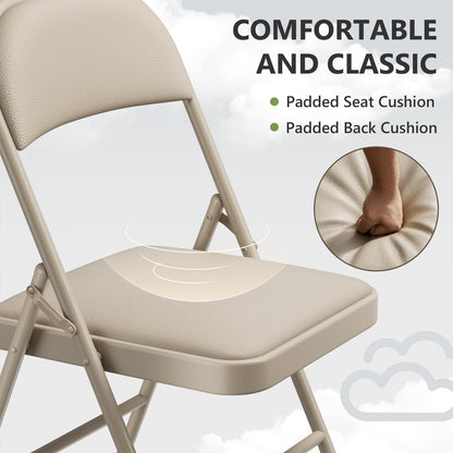 Folding Chairs 2 Pack, PU Leather Padded Folding Chairs for Outside and Indoor, Heavy Duty Portable Foldable Metal Commercial Seat for Home Office, Dorm, Party, Backyard, Lawn, Patio, Khaki