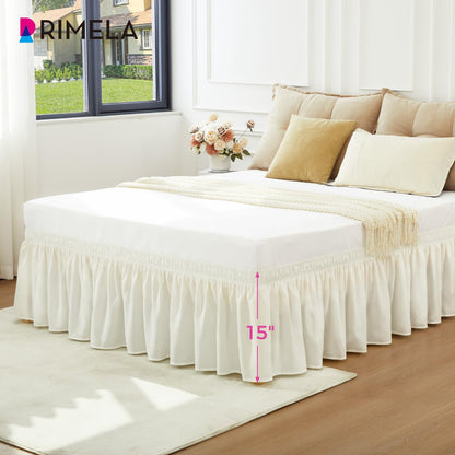 RIMELA Cream Bed Skirt Queen Size 15 Inch Drop, Elastic Bed Skirting for Bed Base and Frame, Bedding Dust Ruffle Easy to Install, Lightweight Wrap Around Adjustable Bedskirt