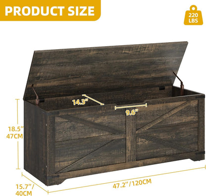 DWVO Wooden Storage Bench, Farmhouse Storage Chest with Safety Hinges, Entryway Shoe Organizer, Multi-Use Storage for Living Room/Bedroom, 47.2" L, Dark Rustic Oak