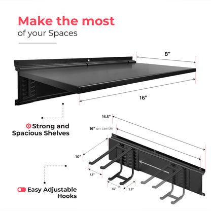 TIDYME Heavy-Duty Garage Wall Storage System | Wall Mounted Tool Organizer Rack with Shelving | 10-Piece Mounting Kit | Includes 4x10” Double-Layered Hooks & 2x16.5” Floating Utility Shelves