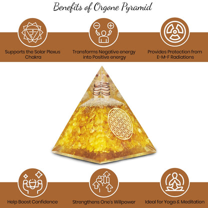 Real Crystal Citrine Orgonite Pyramid, Healing Crystal Pyramid, Pyramid Crystal Gemstone Pyramid for Meditation, Motivation, Positivity - Handmade in India
