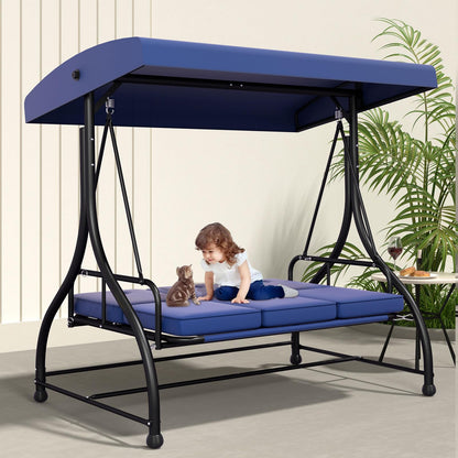 3-Seat Patio Swing Chair Outdoor Heavy Duty Steel Frame with Adjustable Canopy Removable Cushions - All Weather Porch Swings Glider for Backyard, Garden, Poolside - Blue