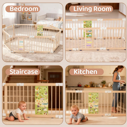 Wooden Baby Playpen, Large Foldable Play Yard for Babies and Toddlers, 57"x57"x24" Montessori Play Fence with Activity Center,Easy Fold & Safety Gate for Indoor Play Area