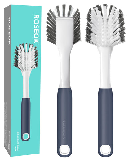ROSEOK Dish Brush with Built-in Scraper,Kitchen Scrub Brush for Cleaning Dishes,Pots,Non-Stick Pans and Sinks,Navy Blue,2 Pack