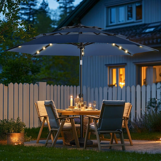 wikiwiki 9FT 3Tiers Solar Led Patio Umbrella, Sturdy Outdoor Market Umbrella for Deck, Pool, Garden w/Tilt, Crank, 32 LED Lights, Navy Blue