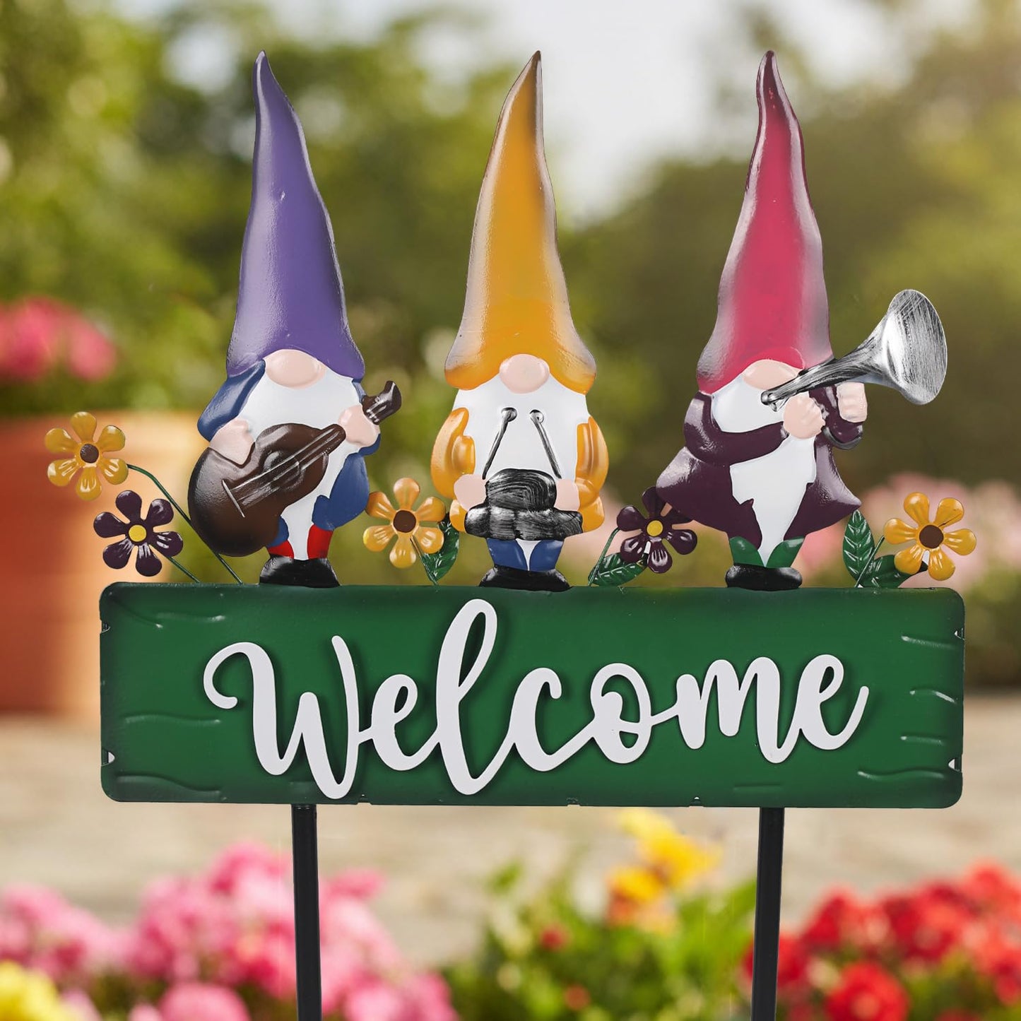 YHSOLAR Spring Gnomes Decorations for Yard with Garden Welcome Sign, Large 43.3inch Musical Gnome Decorative Garden Stakes Metal Yard Art for Outdoor Lawn Decorations