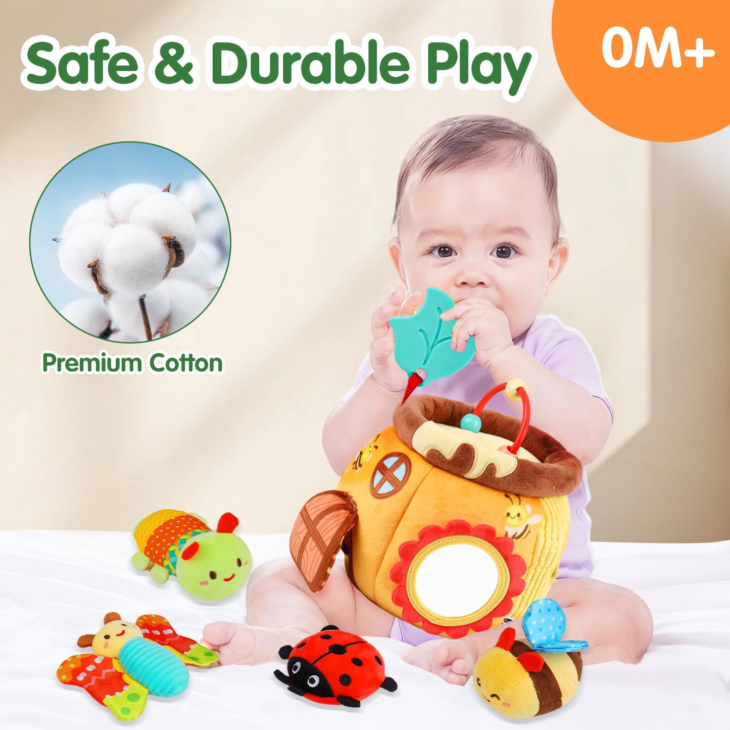 Thremhoo Baby Toys 6-12 Months - Soft Beehive with 5 Stuffed Animals, Rattle, Crinkle, Mirror, Montessori Sensory Toys for Babies 6 7 8 9 10 Months Old Baby Boy Girl Shower Gifts Ages 0-2
