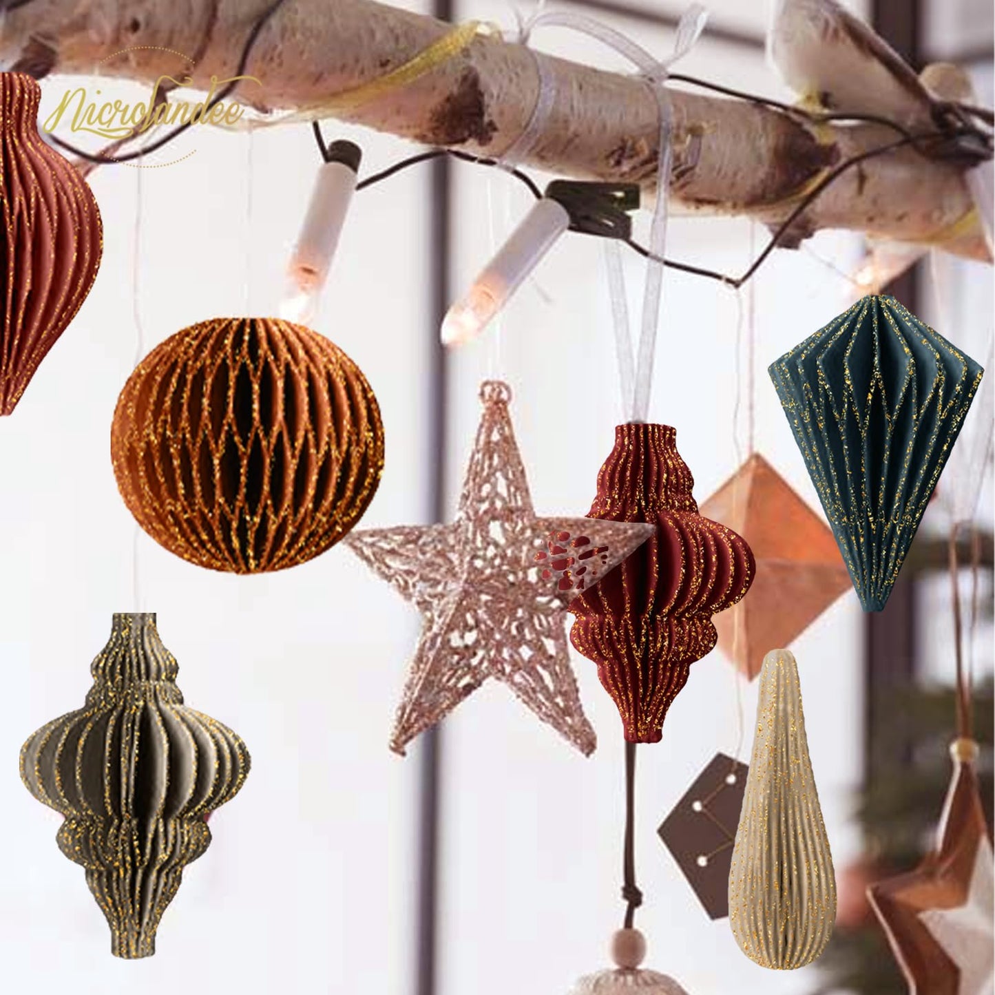 NICROLANDEE Christmas Decorations, 6 PCS Christmas Paper Honeycomb Ornaments with Glitter Edge, Mini Hanging Paper Lanterns for Christmas Tree Decoration Xmas Holiday Party New Year Decor
