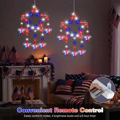 Lewondr 4th of July Decorations, 2 Pack Red White and Blue Window Star Lights with 62 LEDs, Patriotic Star Lights with Remote, 8 Modes & Timer, USB Powered Hanging Light for Independence Memorial Day