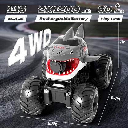 Gesture Sensing Amphibious Remote Control Gray Shark Monster Truck with Water Squirt 4WD 1:16 RC Car All-Terrain Waterproof RC Tank Pool Toy Outdoor Summer Gifts for Kids Age 6+（2 Replaceable battery)