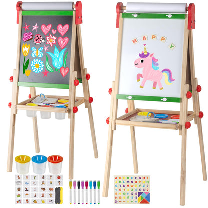 Kids Art Easel with Paper Roll for Toddlers, Adjustable Double Sided Magnetic Drawing Board Dry Erase Whiteboard & Chalkboard，Easel for Toddlers 2-4 Years Painting Wooden Easel Kids 4-8