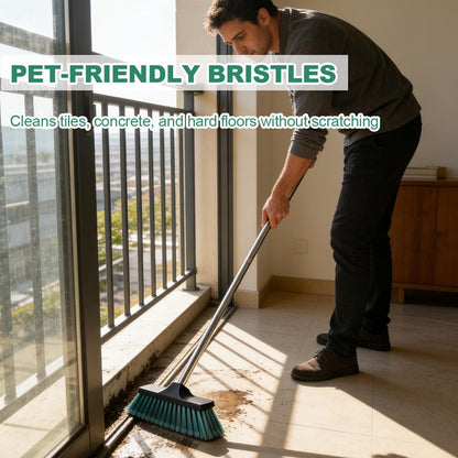 Xifando Small Floor Scrub Brush with 4-Section Stainless Steel Handle, 52" Adjustable Long Handle, 5-Row Dense Flagged Bristles, for Tile, Bathroom, Patio, Indoor & Outdoor Cleaning (Black+Green)