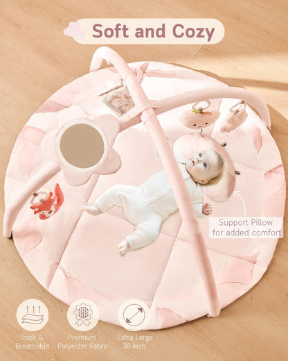 Fortella Baby Play Gym & Activity Mat, Machine Washable & Foldable Tummy Time Mat with 5 Detachable Toys, Certified Safe Newborn Essentials Gift for Baby Registry 0-12 Months (Rose Pink)