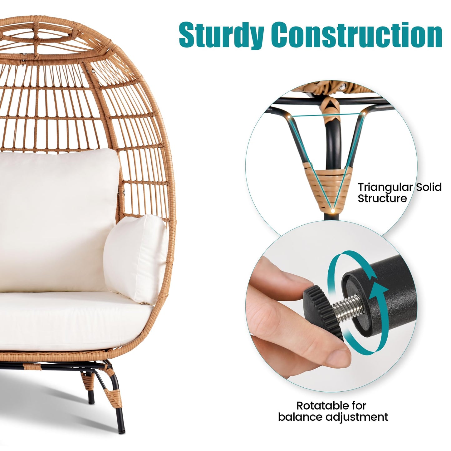 OTSUN Outdoor Egg Chair, PE Wicker Chair with 4 Thicken Cushions, Patio Chairs 440 lbs Capacity, Oversized Balcony Chairs with Durable Steel Frame Perfect for Balcony, Backyard, Bedroom-Ivory