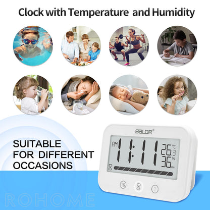 Rohome Waterproof Wall Hanging Timer Bathroom Clock, Large Digital Shower Mirror Suction Clock Thermometer Hygrometer, Visual Kitchen Cooking Countdown Timer, Bath Temperature Humidity Meter (White)