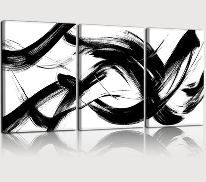 RUURUU 3Pcs Framed Black and White Abstract Wall Art Black Lines Canvas Wall Decor Brush Stroke Pictures Modern Minimalist Gallery Posters Paintings Prints For Living Room Bedroom Home Office 12x16 Inches