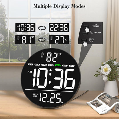 WallarGe Large Digital Wall Clock with LED Display, Electric Wall Clock with Temperature, Auto DST, Date, and Day, 5-Level Brightness for Office, Bedroom, Living Room, Classroom Décor