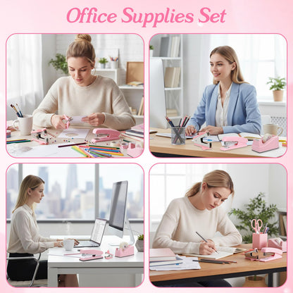 Pink Office Supplies Set, Desk Accessories for Women with Stapler, Tape Dispenser, Staple Remover, Staples, Clips, Scissor and Tabs, Gift for Students and Coworkers