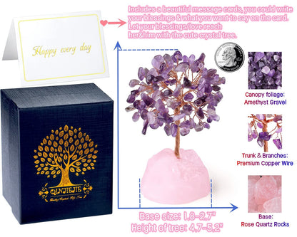 QINJIEJIE Crystal Tree Healing Crystals Amethyst, Purple Gravel Gemstone, Rose Quartz Pink Base, Copper Wire Life Stones Artificial Energy Desk Decor, Spiritual Meditation Gifts