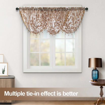 NAPEARL Swag Valance for Windows Tan Beige Organza Sheer Waterfall Curtain, Decorative Elegant Beaded Tassel Trim Rod Pocket Sheer Window Treatment for Bathroom, Kitchen, Small Windows