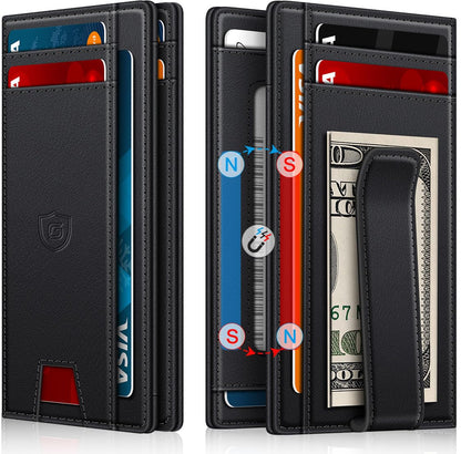 Wallet for Men 14-16 Cards, Minimalist Men Leather Wallet, Men's Front Pocket Bifold Wallets with Money Clip, Slim Thin Card Holder RFID Blocking Bill Folder & Magnetic Closure, Gifts for Men, Black