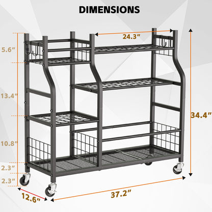 Garden Tool Organizer with Wheels for Garage and Shed, Spacious Tool Storage, Multi-Tier Design with Side Hooks for Rakes, Shovels, Brooms, and Yard Tools Rolling Cart
