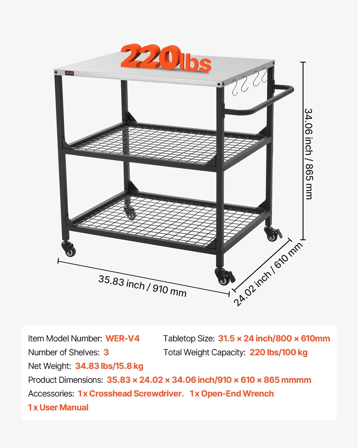VEVOR Outdoor Grill Cart, 31.5 x 24.0 inch Stainless Steel Tabletop Size Grilling Table, Outdoor Cooking Table with 4 Wheels & Side Handle, Two Mesh Shelves, BBQ Prep Tables for Patio, Garden