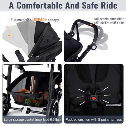 Baby Stroller, 2-in-1 Reversible Toddler Seat with Lie-Flat Mode, Foldable Infant Stroller with Canopy, One Button Brake, Adjustable Handle, Newborn Pushchair (Black B)