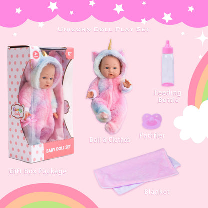 12 Inch Baby Dolls with Unicorn Clothes In Gift Box, With Doll Accessories Unicorn Onesie Clothes Feeding Bottle Pacifier Blanket, Play Set Toy for 3 4 5 6 Years Toddlers, Christmas Birthday Ideal