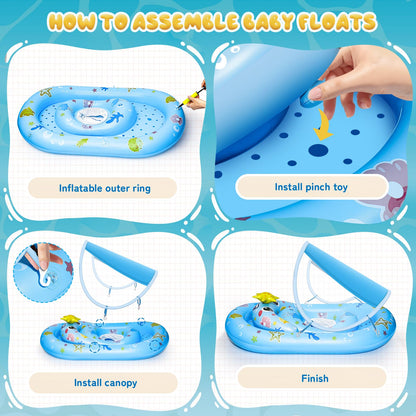 SKINFRND Baby Float with Canopy- UPF50+ Sun Protection Baby Pool Float，Inflatable Kids Pool Float with Adjustable Safety Seat for 6-36 Months Kids Swimming,with Marine Animal Floating Toys