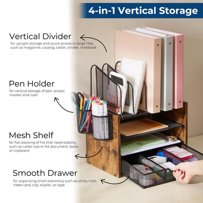 Y YOMA Wooden Desk Organizer, 4-Tier Mesh Desk Organizer with Drawer, Paper Tray & 5 Vertical File Holders, 2 Pen Holders, Desktop Organizer and Accessories for Home Office Dorm