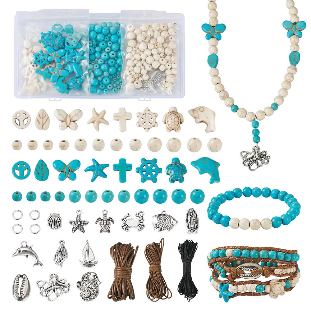 FASHEWELRY 315pcs Turquoise Bead Bracelet Making Kit 4mm/6mm/8mm Round Turquoise Gemstone Beads Ocean Theme for Necklace Earrig DIY Jewelry Making