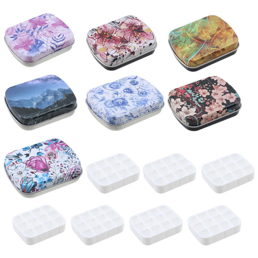 Mewutal 7pcs Mini Tin Box with 12-Wells Empty Watercolor Palette Small Paint Palette Container Portable Painting Tray Travel Paint Storage Container for Outdoor Trip Artist (1 in Each of the 7 Colors)