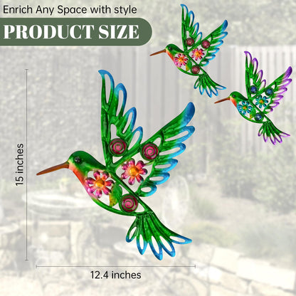 YIWEMON 2 Pack Metal/Glass Hummingbird Wall Decor, 12.4" Outdoor Fence Wall Art Decor, Wall Sculpture Hanging Decoration Perfect for Garden Yard Living Room Bedroom Patio Balcony