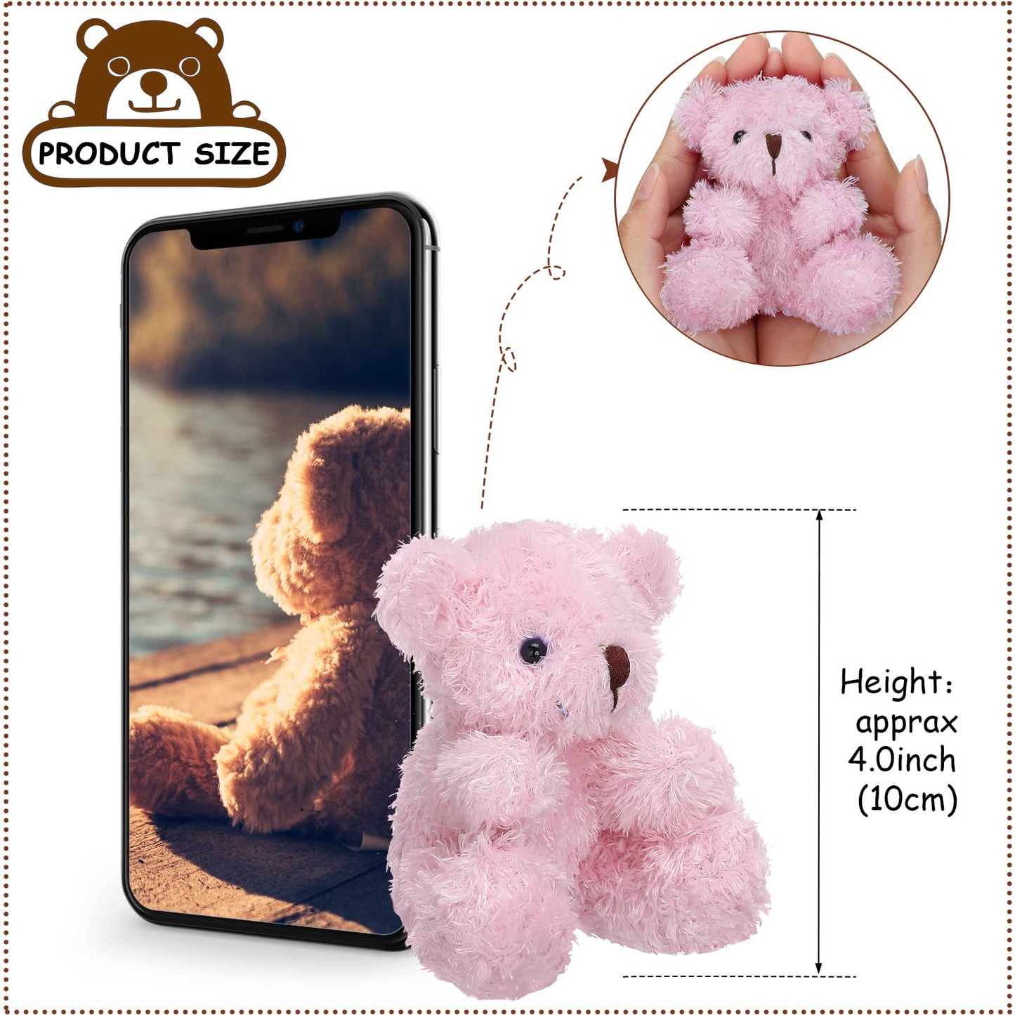 Threan 8 Pcs Mini Plush Bears 4'' Small Bear Bulk Stuffed Animal Toys Tiny Soft Bear Doll Present Stuffers for Keychain Baby Shower Party Favors Supplies(Pink, Brown, Apricot)