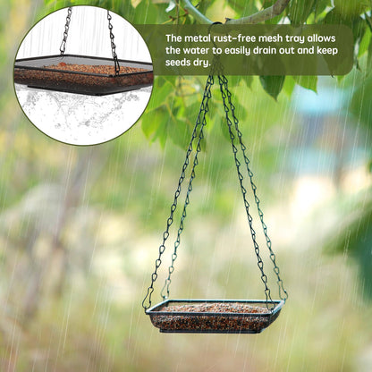 MIXXIDEA Hanging Bird Feeder Tray Metal Mesh Platform Seed Feeder with Durable Chains for Outdoors Garden Great for Attracting Birds (2 Pack)