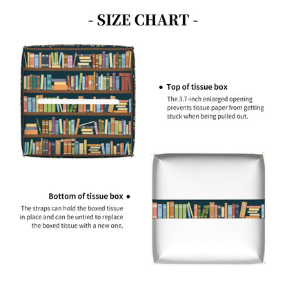 POIUBLE Tissue Box Holder Bookshelves Full of Books Tissue Box Cover Square Leather Tissue Holder Organizer Portable Decorative Facial Paper Case for Home Office Bathroom Vanity Countertop
