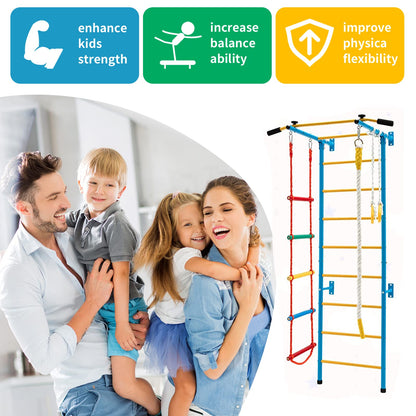 TONGMO Indoor Climbing Playground, Jungle Gym for Kids, Metal Swedish Ladder & Climbing Wall Playset, Sturdy Playground with Rope Ladder, Pull-up Bar, and Gymnastic Rings