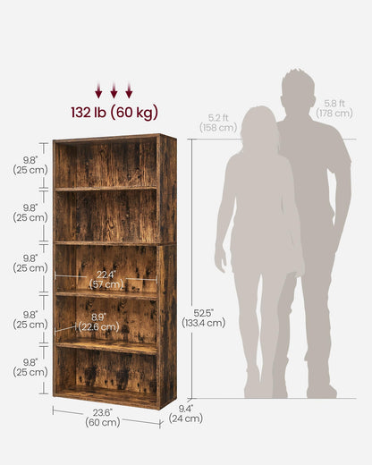 VASAGLE CUSTOS Collection - Bookshelf, 5-Tier Bookcase, Book Shelf, Open Storage Shelf, 9.4 x 23.6 x 52.5 Inches, for Living Room, Home Office, Dining Room, Rustic Brown ULBC165X01