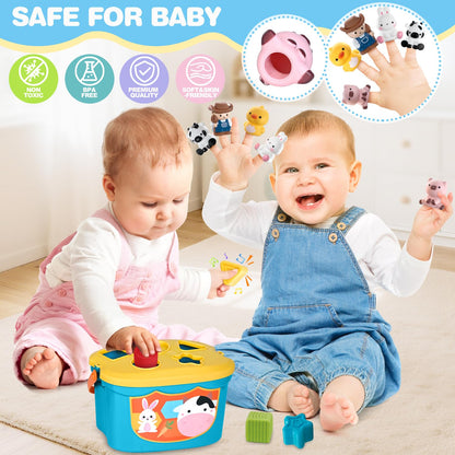 Baby Toys 6-12 Months, 6 in 1 Montessori Toys for 1 Year Old, Soft Infant Sensory Teething Toy, Stacking Cups & Blocks, Shape Sorter Blocks, Finger Puppets, Tissue Box Toy for Toddler 0-3-6-9-12 M+