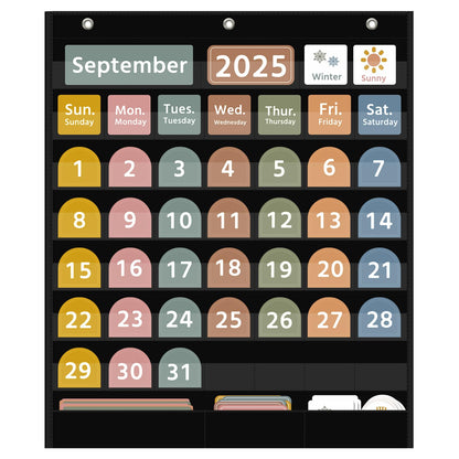 REGELETO Large Boho Calendar Pocket Chart with 96 Cards for Classroom, Size:32.25 x 24.125 inch Black Monthly Calendar and Weather Pocket Chart for Student Learning for Home or School.