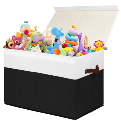 Gowee Large Toy Storage Box with Lid, Sturdy Toys Storage Chest Bin Organizer Basket with Dividers for Kids, Boys, Girls, Nursery, Closet, Bedroom, Playroom 25"x13" x16" (Black and White)