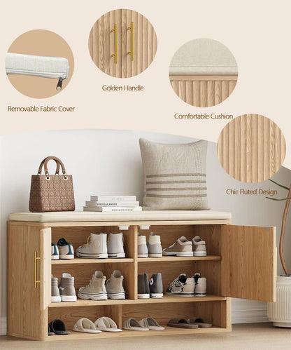 Zeibospri Fluted Shoe Storage Bench with Cushion, 3-Tier Entryway Bench with Adjustable Shelves and Open Bottom Shelf, Hidden Shoe Organizer Cabinet, for Hallway, Living Room, Bedroom, Natural Oak