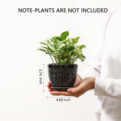 Sureasy Ceramic Plant Pots, 4.7 Inch Flower Pots for Indoor Plants, Succulent Pots with Saucer and Drainage Hole, Decorative Planter for Succulent, Cactus, Set of 4, Black