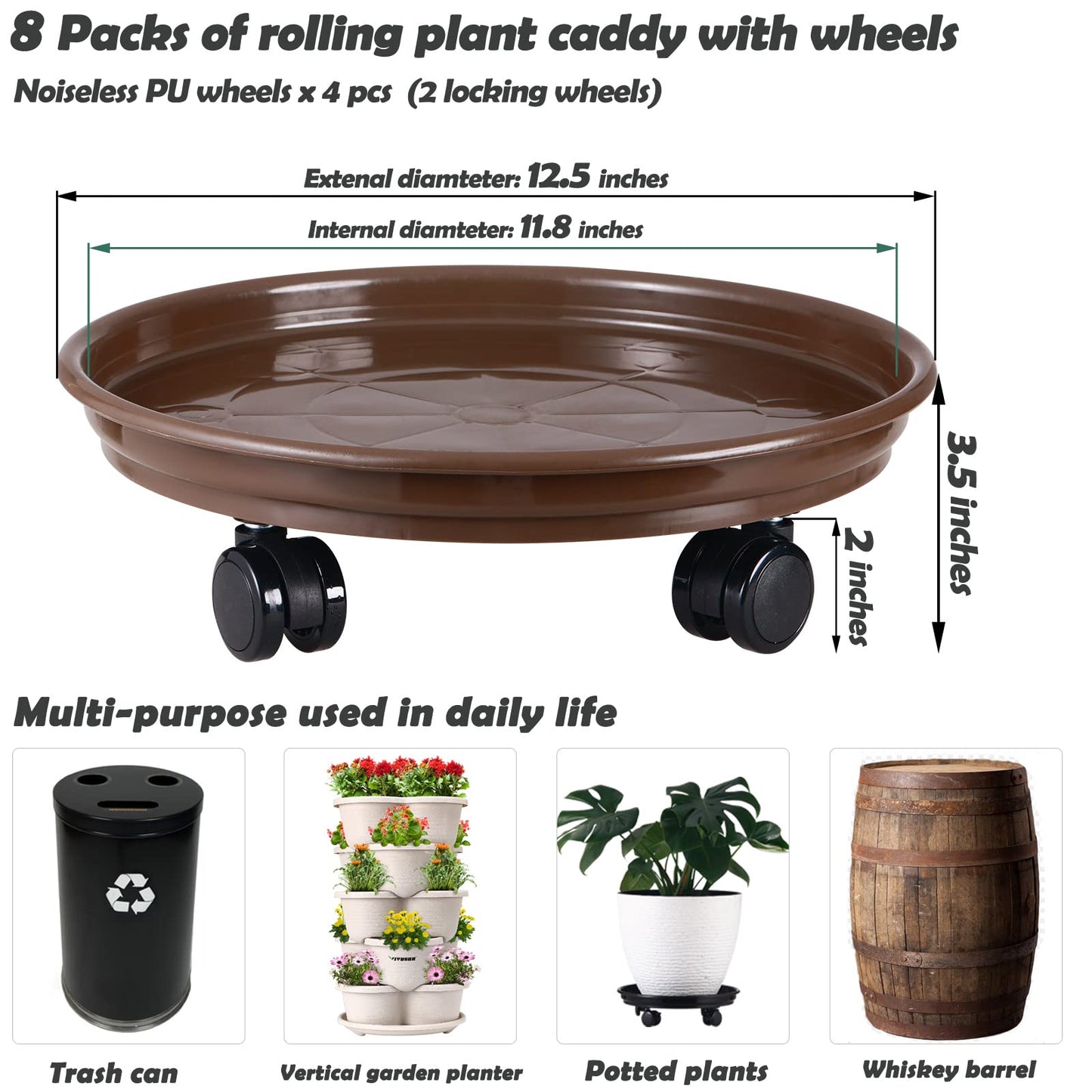 5 Packs Large Plant Caddy with PU Wheels 12" Rolling Plant Stands Heavy-duty Plastic Plant Roller Base Pot Movers Plant Saucers on Wheels Indoor Outdoor Plant Dolly with Casters Planter Tray Coaster