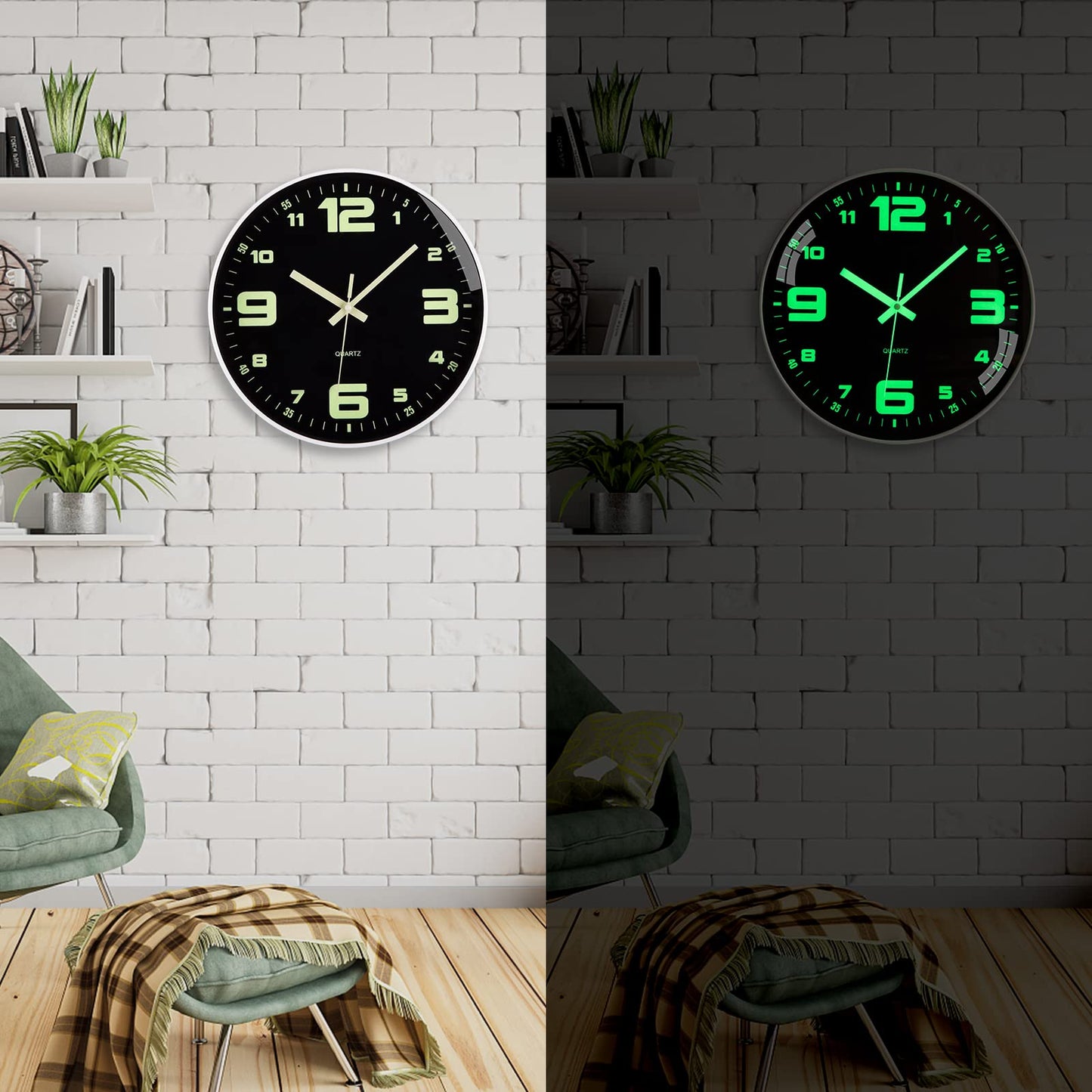Warminn Wall Clock 12 inch Battery Operated Silent Non-Ticking Glow in The Dark Clocks Analog Small Digital Night Light Up Neon Outdoor Clocks for Living Room Bedroom Kitchen Bathroom Home Decor