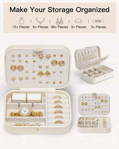VLANDO Travel Jewelry Case for Women Girls, Gifts for Mother, PU Leather Small Jewelry Box for Rings, Necklaces, Bracelets, Earring Holder Organizer Storage for Travel Essentials - Beige