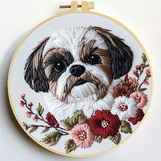 Punch Needle Kits Shih Tzu Dog and Flowers Embroidery Starter Set with Hoop Easy for Beginners DIY Stress Relief Handmade Craft Hobby and Home Decor 20x20cm-3